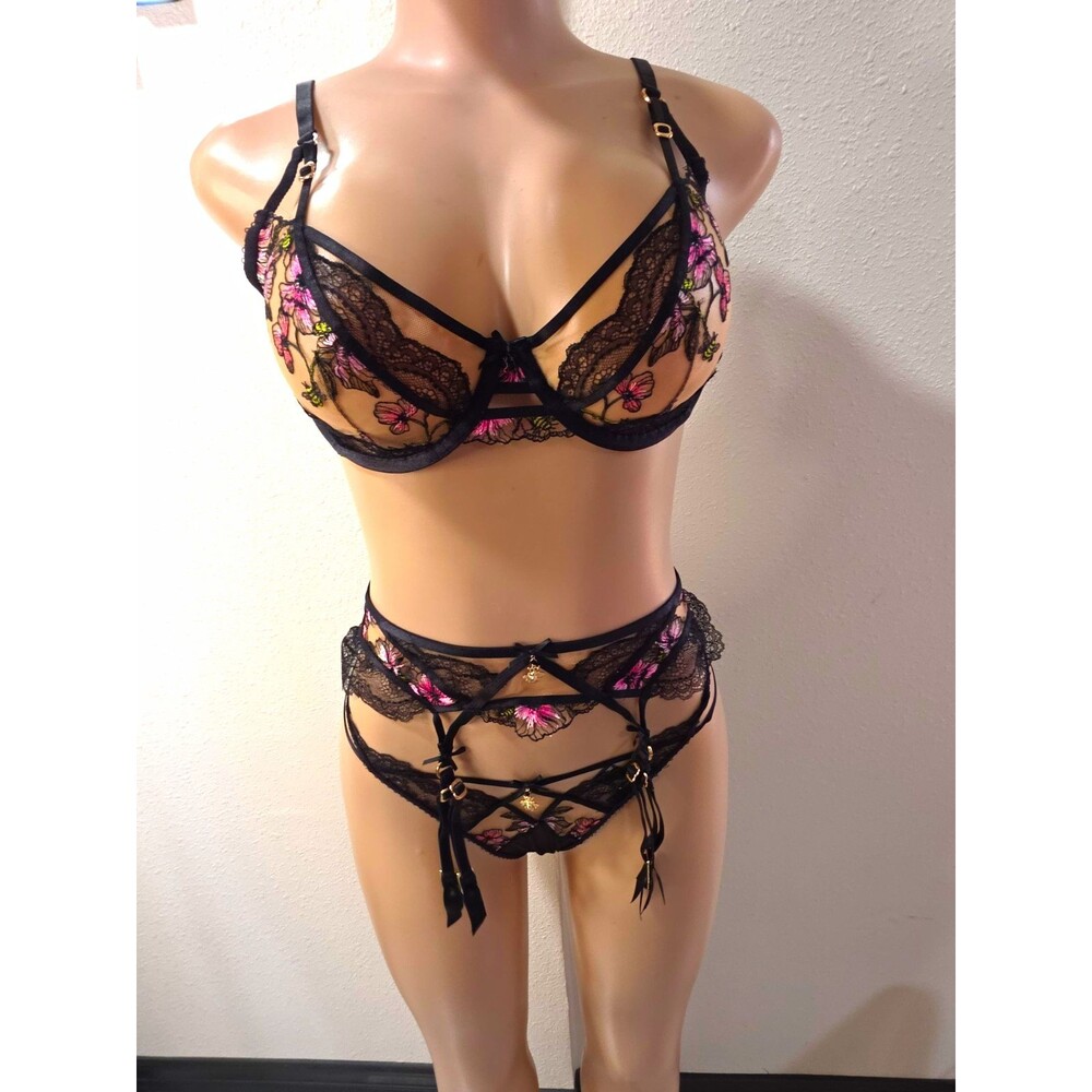 Honey Birdette Andreea Black Pink Floral Lace Mesh Sheer Underwired Bra Set 34D